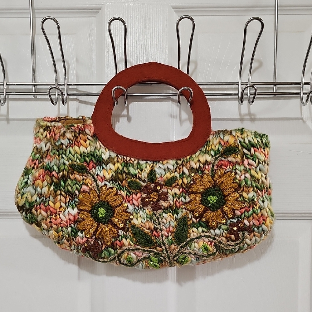 Aldo Floral Knit Handbag with Rust Color Handles